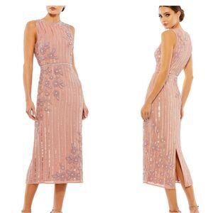 NWT Mac Duggal Striped Floral Embellished Sleeveless Midi Dress size 10 women's
